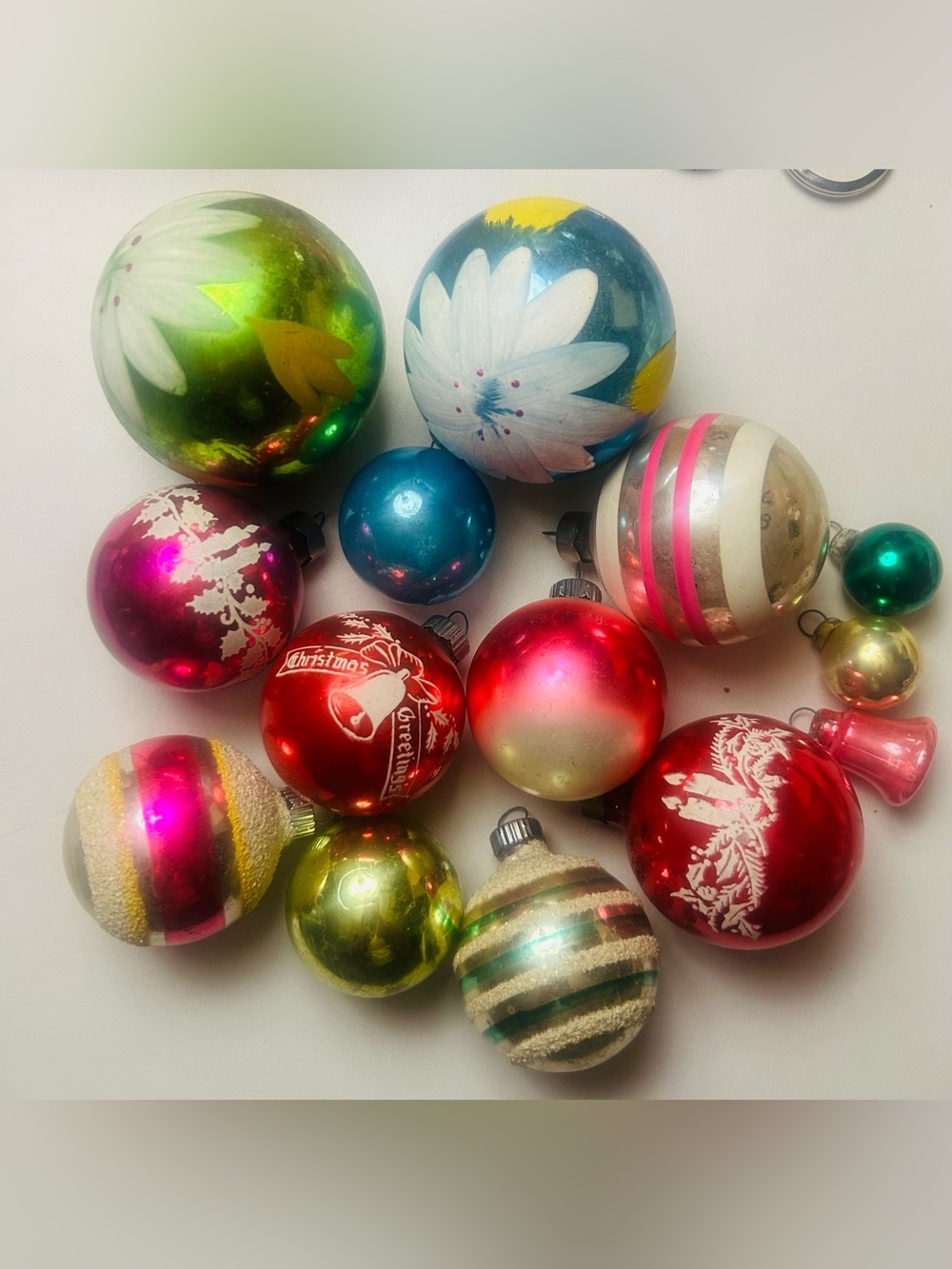 Vintage mercury glass Christmas ornaments lot Shiny Brite USA stencil stripe